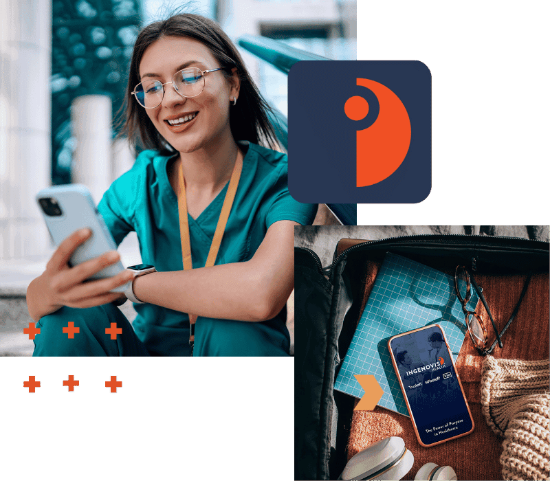 Layered images - a woman in scrubs looks down at her mobile phone, smiling; a mobile phone lays face-up on a an open suitcase showing the Ingenovis Health mobile app home screen - the Ingenovis Health mobile app accelerator icon